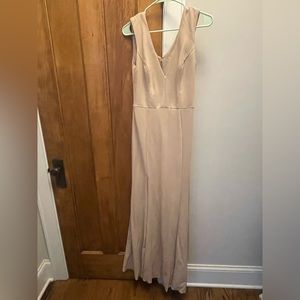 Bill Levkoff; Style 1706; Nude. Vneck sleeveless gown with off center front slit